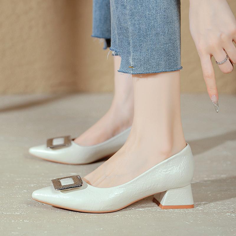 Pointed High Heels Thick Heels Are Not Tired Feet 2025 Spring New Large Size Women's Shoes Soft Leather Comfortable Shallow Low Heel Single Shoes