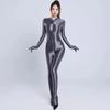 Erotic Jumpsuits Zipper Open Crotch Full Body Satin Oil Glossy Rompers Gloves Tights Shiny Sexy Bodysuit Women Club Party
