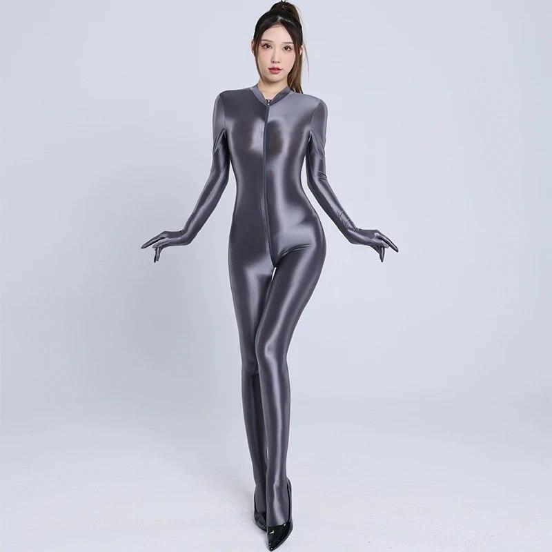 Erotic Jumpsuits Zipper Open Crotch Full Body Satin Oil Glossy Rompers Gloves Tights Shiny Sexy Bodysuit Women Club Party