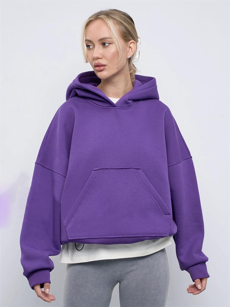 Felpa da donna casual a tinta unita con cappuccio, vestibilità aderente, manica lunga, manica corta, pullover, felpa con cappuccio e tasca