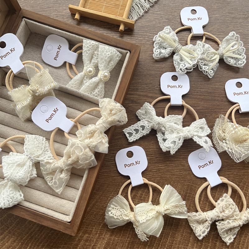 2pcs/set Beige Color Cute Lace Bow Hair Ties for Girls Fashionable Stretch Versatile Kids Ponytail Holders with Floral Lace Trim