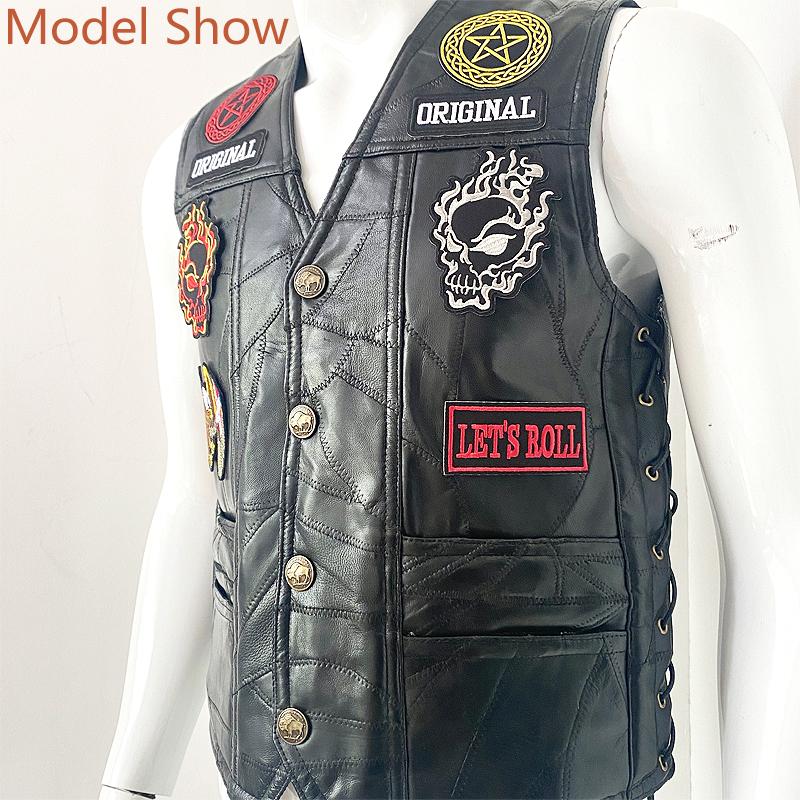 Binding Vest Leather Vest Men's Motorcycle Shoulder Four Season Cycling Clip Classic Embroidered Badge 11 Pieces of Elastic Bands Are Tied.