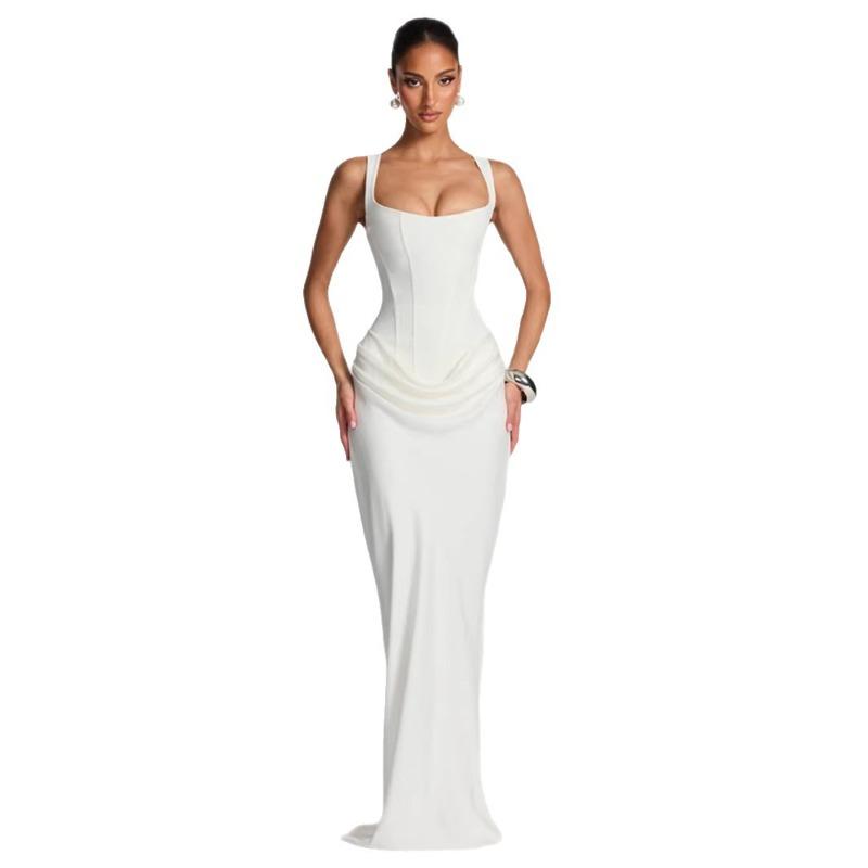 Nowość Wiosenna Jednolity Kolor Seksowna Modna Bez Rękawów Dopasowana Plisowana Kwadratowy Dekolt Sukienka Owijana na Biodra