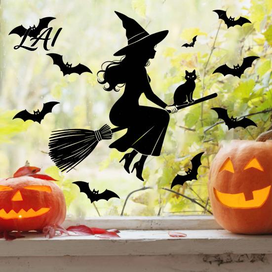 Creative Gift for Friends Halloween Witch Black Cat Static Window Stickers Waterproof PVC Silhouette Decals Easy Peel And Stick Decals Removable