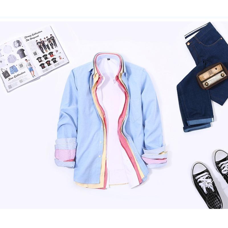 New Men's Oxford Striped Long Sleeve Shirt, Korean Slim Fit Youth Casual Fashion Button Up Shirt