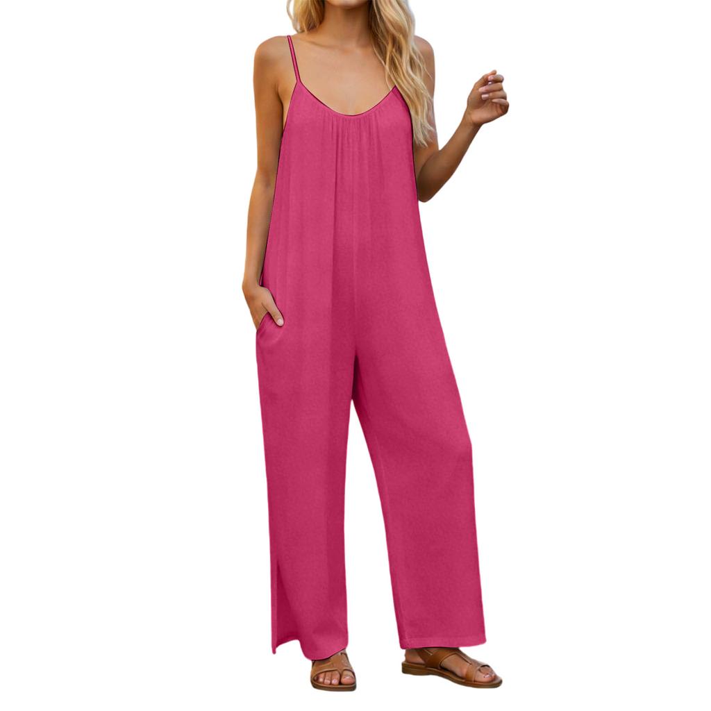 Women's  V-neck Waist Cinched Fashionable Jumpsuit Wide Leg Pants