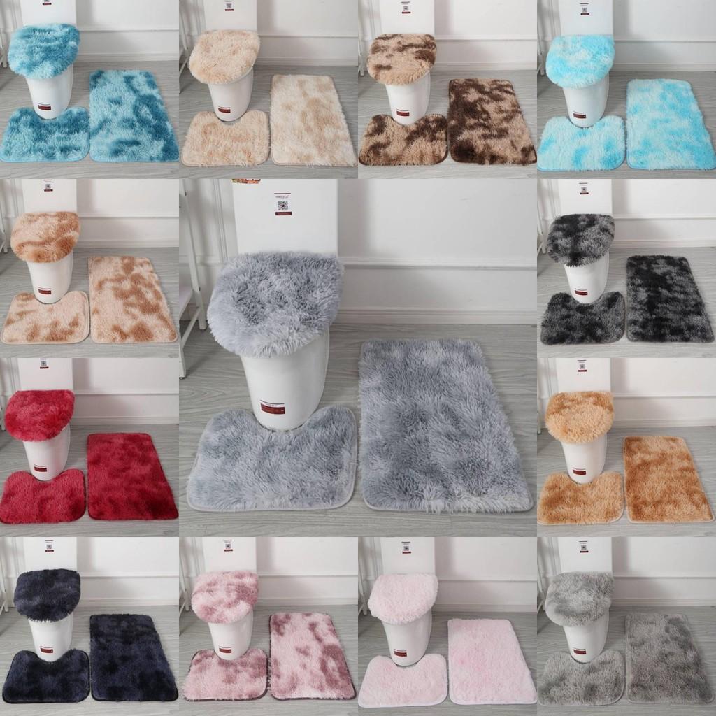 Non Dye Tie Slip Mat Fluffy Plush Bathroom Toilet Seat Cover Carpet 3 Piece Set