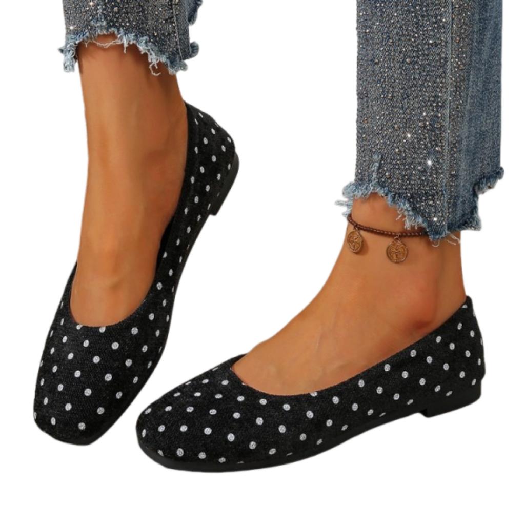 Women's Slip-On Flat Shoes Soft Fabric Upper with Polka Dot Pattern Round Toe Design Lightweight Flexible Sole Casual Footwear