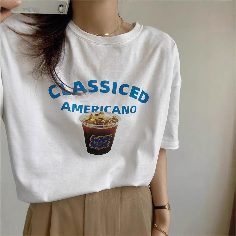 

Summer new ice American coffee printed short-sleeved t-shirt for men and women couples pure cotton loose casual versatile top m (80-105 recommended) белый