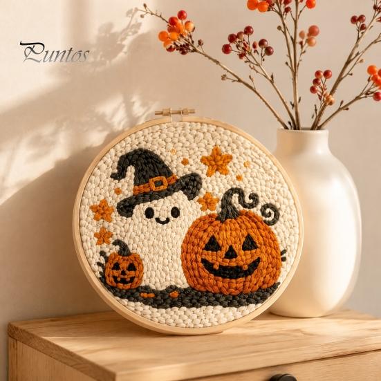 Holiday Gift for Craft Enthusiasts Halloween Punch Needle Kit, Pumpkin Ghost Kit with Complete Yarn Crafting Package Embroidery Hoop, Easy Art Project