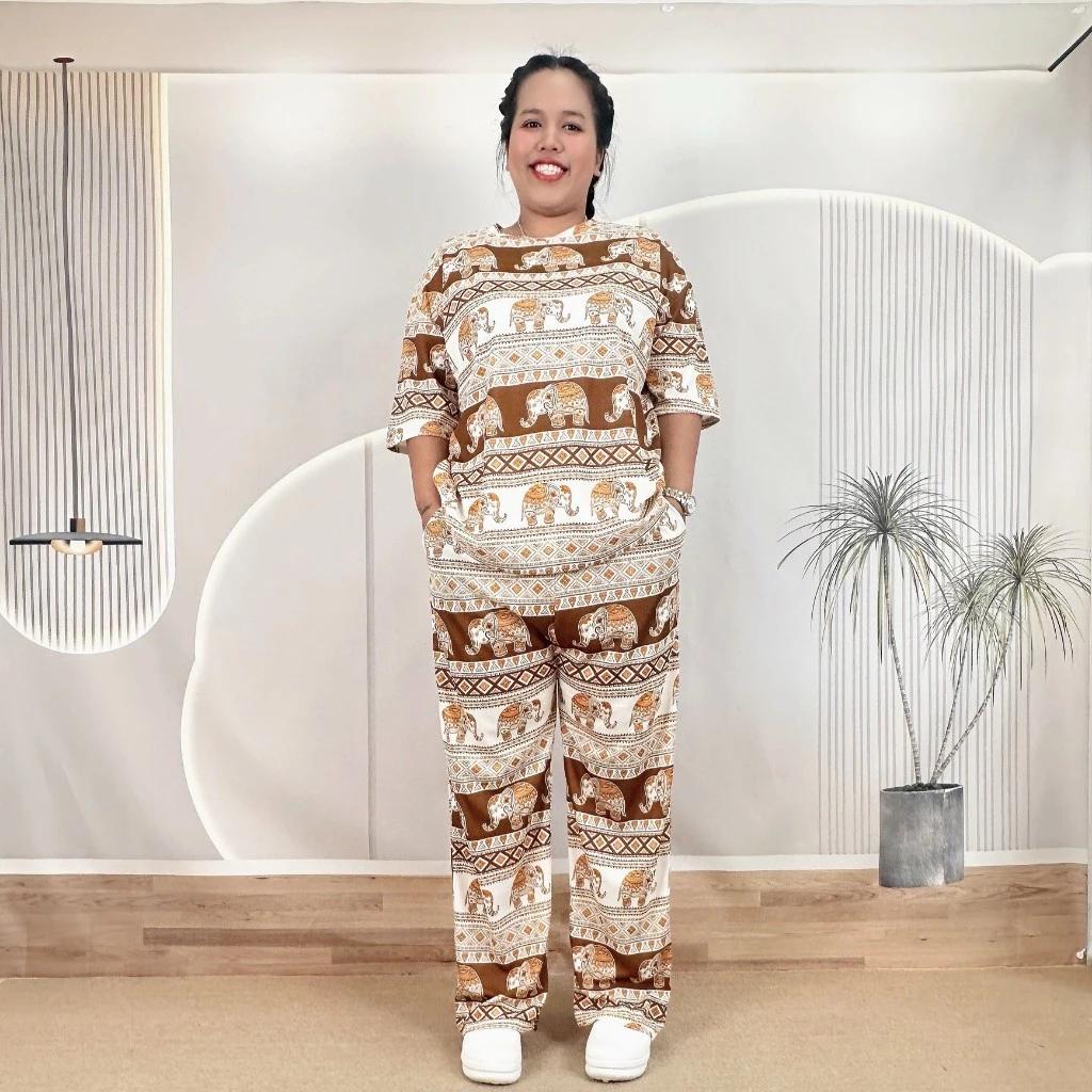 Słoniowe Spodnie Koszula Zestaw Okrągły Dekolt Krótki Top Krótki Rękaw Regulowany Elastyczny Pas Pasek Kobiety Nadruk Tajlandia Casualowy Bohemski Retro Vintage