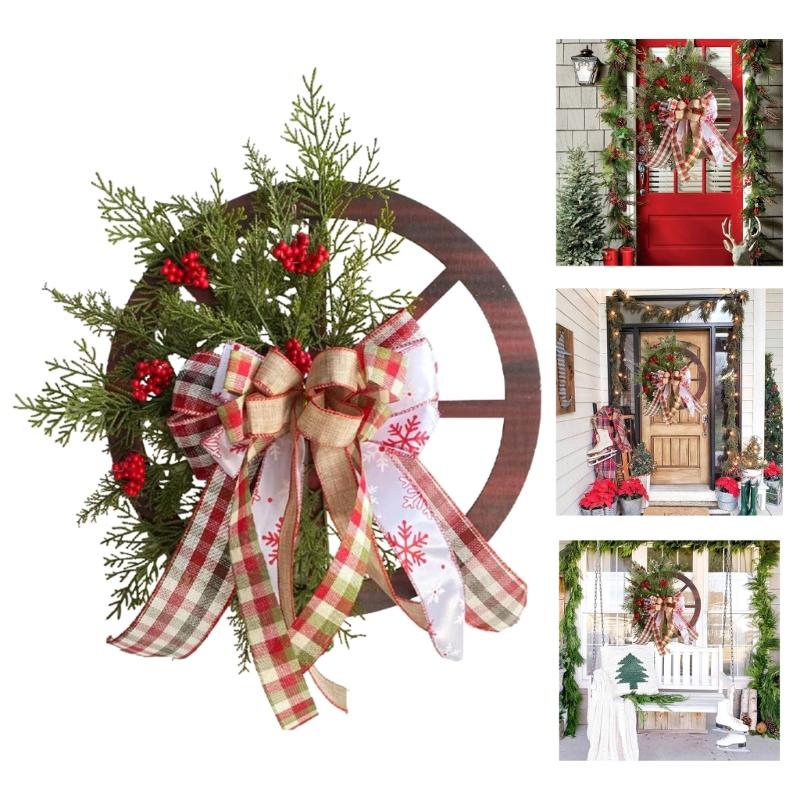 Christmas Wooden Wagon Wheel Wreath Simulation Winter Themed Party Bar Door