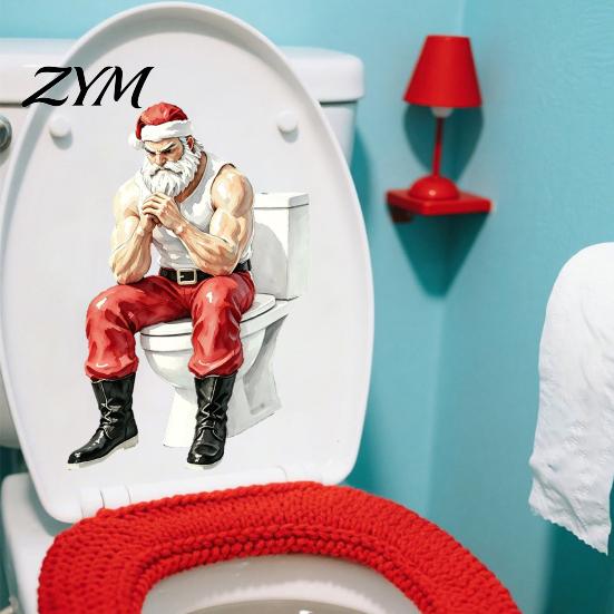 Humorous Christmas Home Decor Accessories Funny Muscular Santa Claus Toilet Seat Decal, Self?Adhesive PVC Decals Restroom Wall Sticker, Bathroom