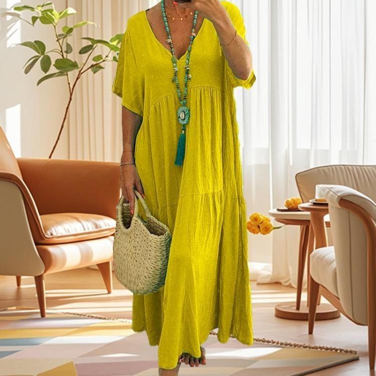 Solid Color V Neck Casual Long Dress Women Simple Style Cotton Baggy 1Pc