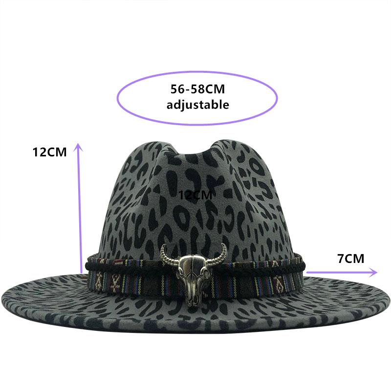 Hot Trend Unisex Flat Brim Wool Felt Jazz Fedora Hats Men Women Leopard Grain Leather Band Decor Trilby Panama Formal Hats 60CM
