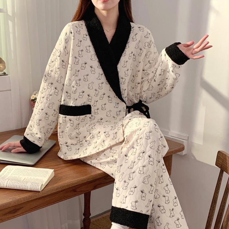 Plus Size Maternity Kimono Pajamas - Autumn/Winter Cotton for Postpartum & Breastfeeding