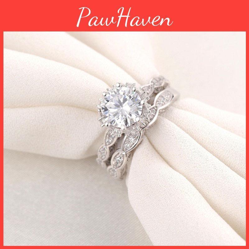Dazzling White Sapphire Crown Ring Set Silver Plated Antique Style For Engagement