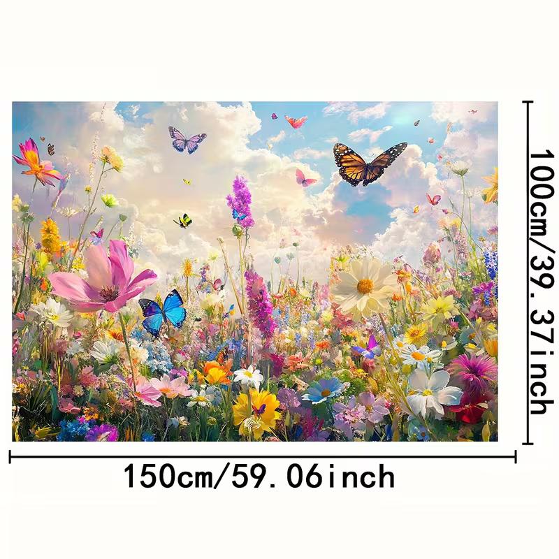 2D Dreamy Flower Meadow Backdrop, Wildflower & Butterfly Party Photography Background