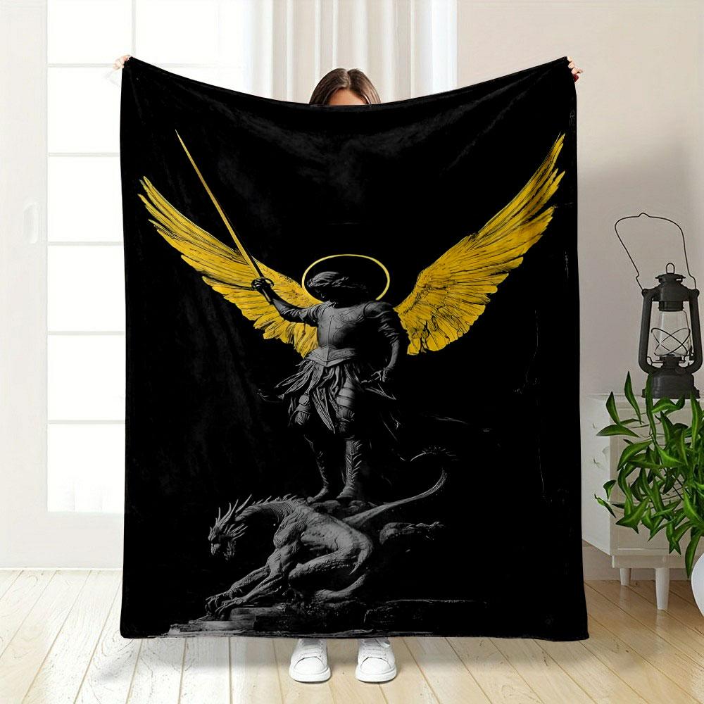 Angel Winged Warrior Dragon Print Blanket Printed Blanket for Living Room Bed Couch lunch break Soft Cozy Blanket for Friend's festival Gift