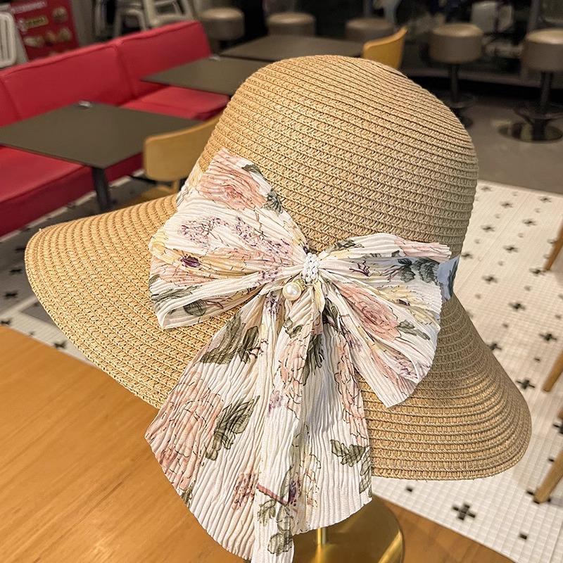 Straw Hat Lady Summer New Bow Streamer Fisherman Hat Fashion Versatile Wide Brim Sun Hat