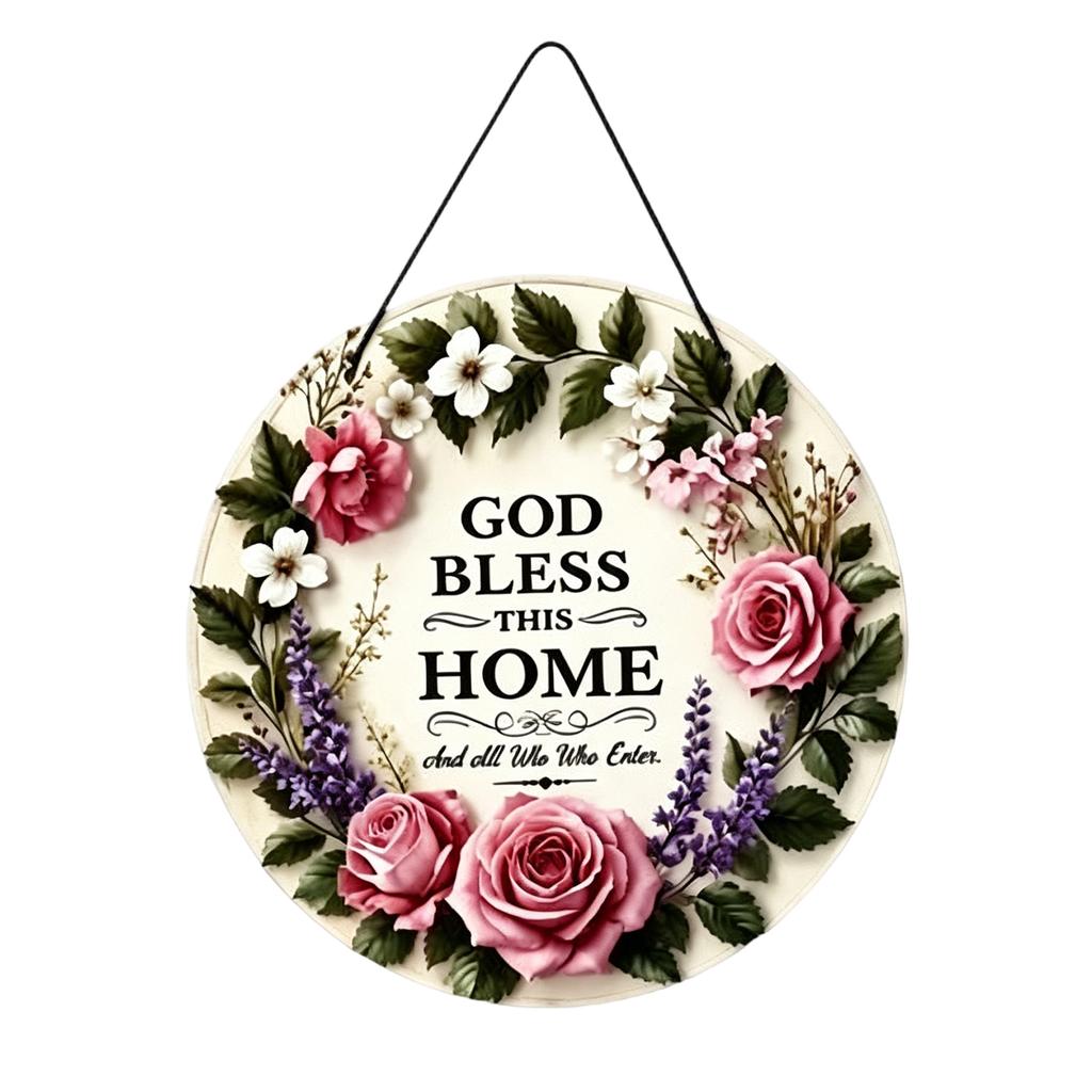 Round Floral Door Sign with Blessing Text Farmhouse Style Hanging Plaque for Home Entryway Porch Indoor Outdoor Decor