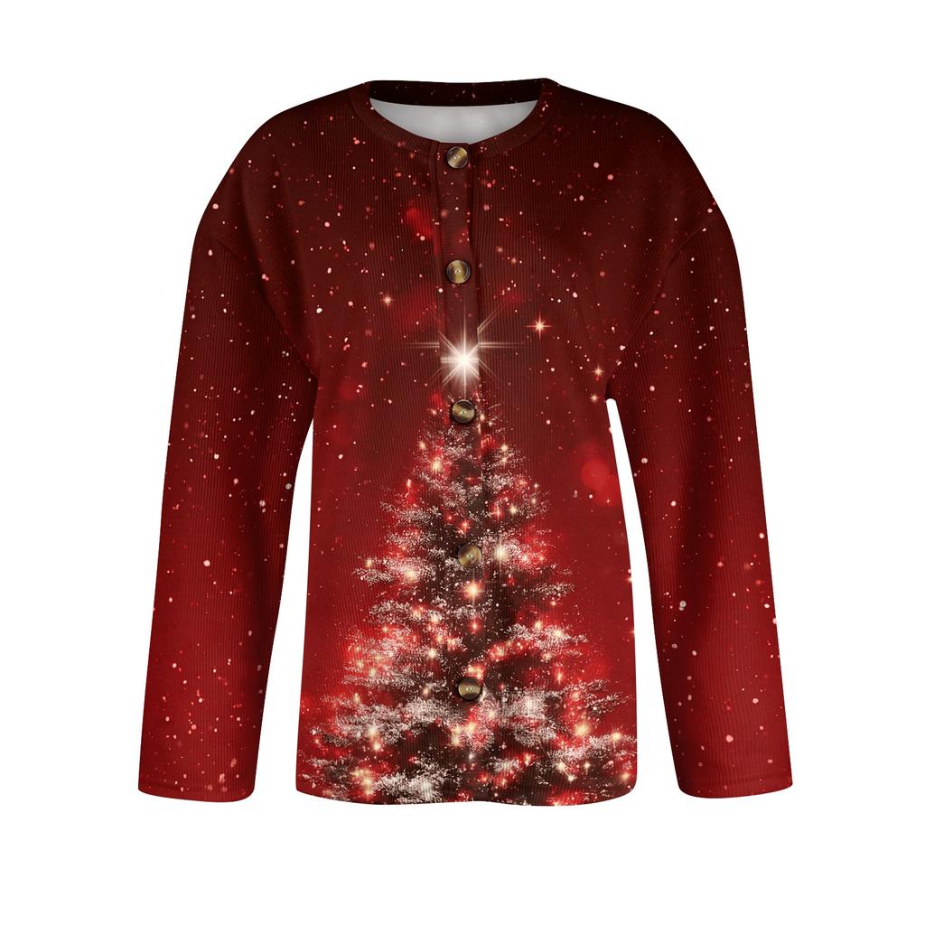 Women's Christmas Print Long Sleeve Knit Cardigan Button Front Sweater