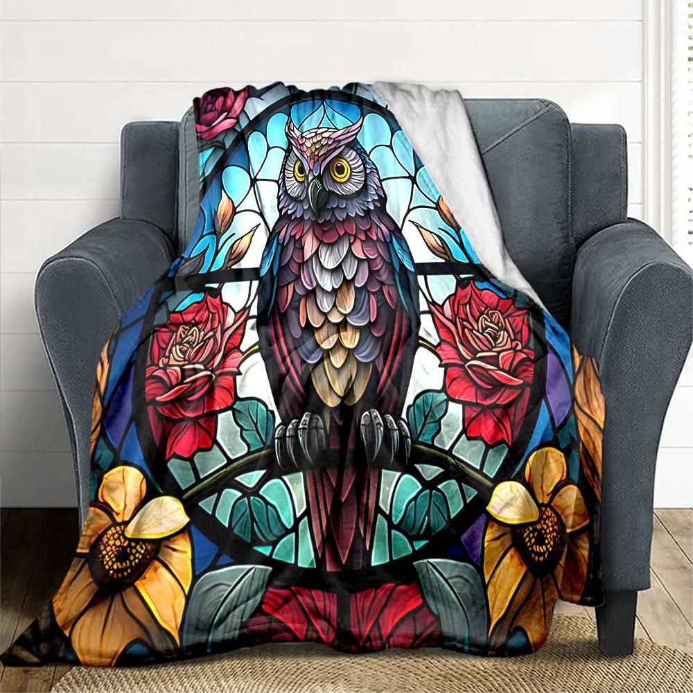 1pc Stained Glass Owl Lightweight Flannel Blanket, Comfortable and Warm Blanket, for Office and Camping Sofa Bed, Livingroom058