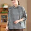 Johnature Mote Casual Vintage Stil Løs Stripe Rullekrave T-skjorte Dame Vinter Langermet Spleiset T-skjorte