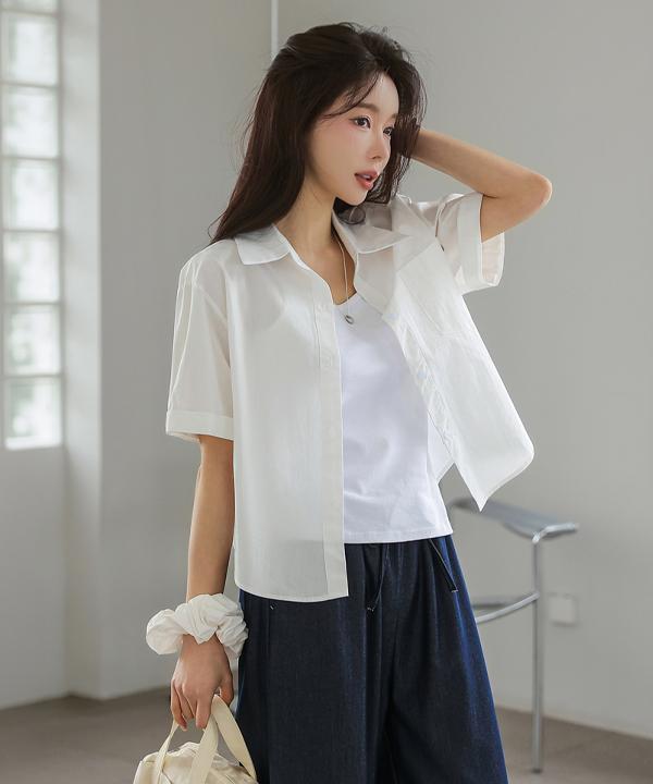 Peulenchisikeu Shell Pocket Scrunchie Set Semi-Crop Cotton Shirt (Short Sleeve Ver.)_62Sh2179
