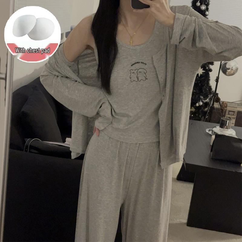 Women's Modal Cotton Pajama Set - Three-Piece Sleeveless and Long Sleeve with Chest Pads for Indoor or Outdoor Use