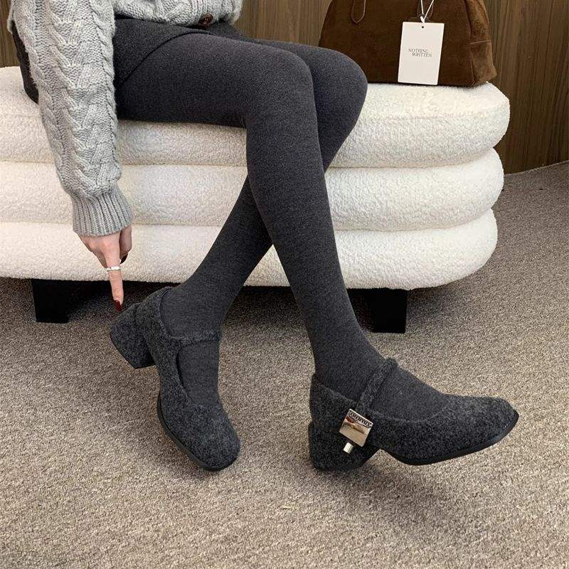Gray Mary Jane Fluffy Shoes Women's Winter Wear New French Retro Woolen Thick Heel Single Shoes Women's Velvet High Heels