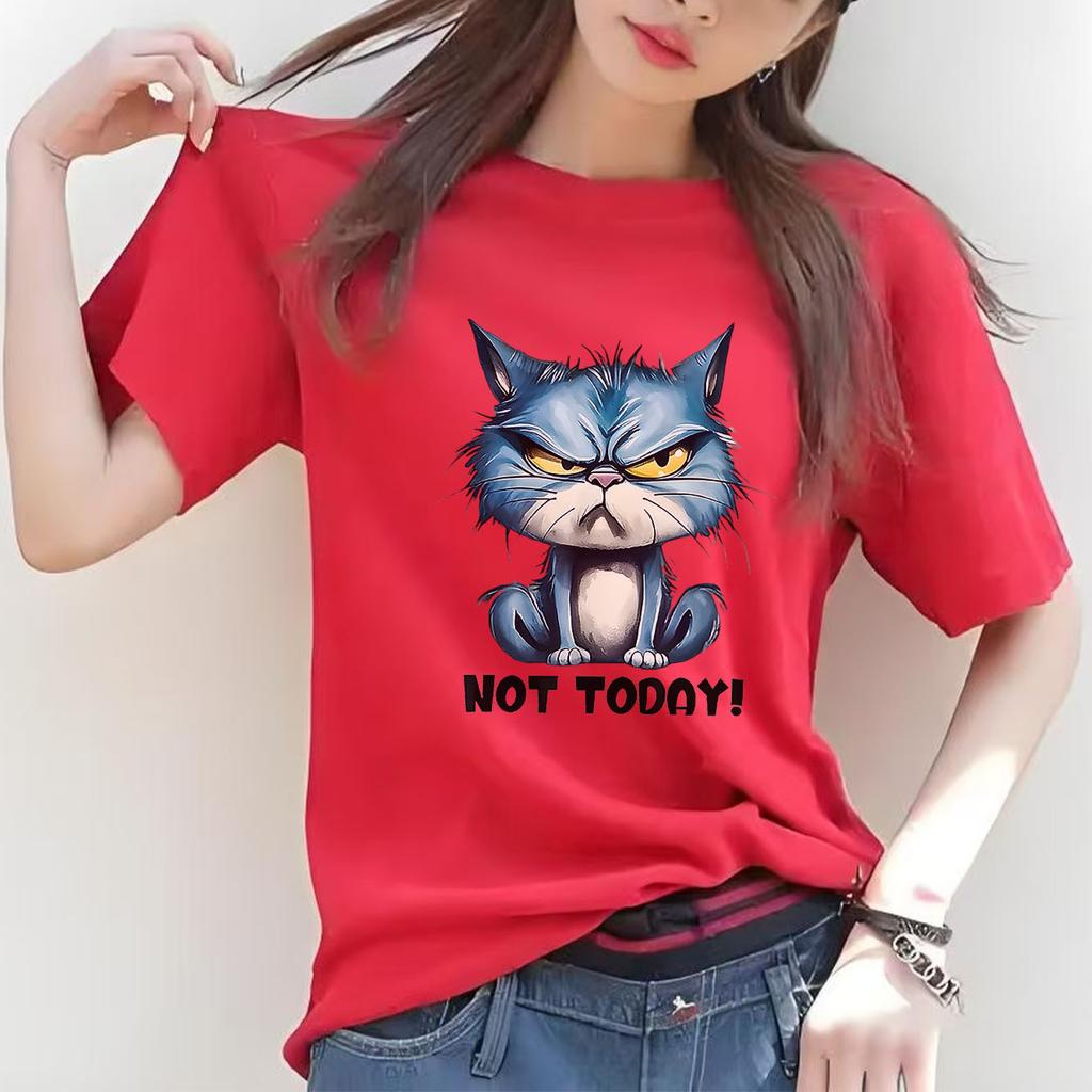 Blue cat not suitable  cartoon printed short sleeved round neck Womens Tshirt for spring and summer versatile Womens Tshirt