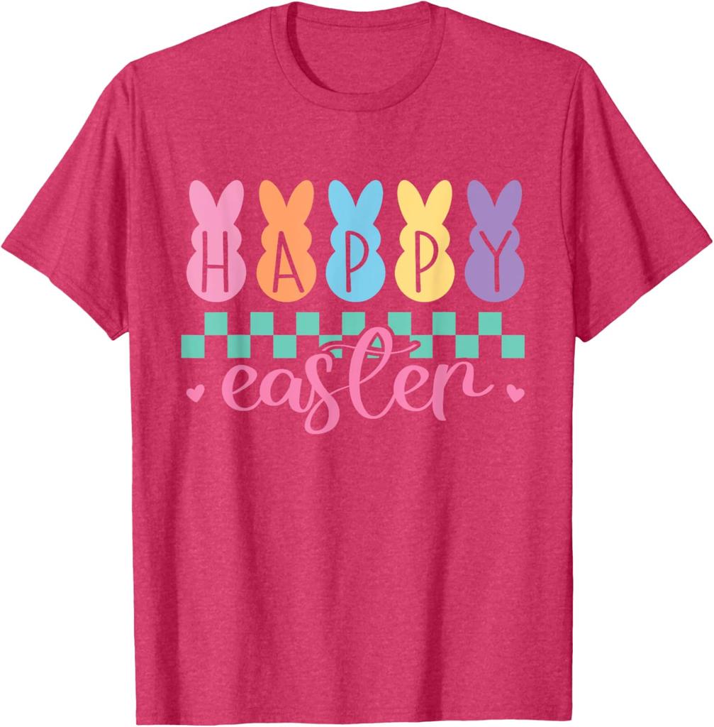 Happy Easter Bunny Graphic Tee Pastel Checkered Print Casual Short Sleeve T-Shirt