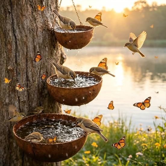 3Pcs Metal Bird Feeder Rust-Resistant Insect Bird Water Bath Drinking Cups Ornament Hanging Outside for Garden Decor