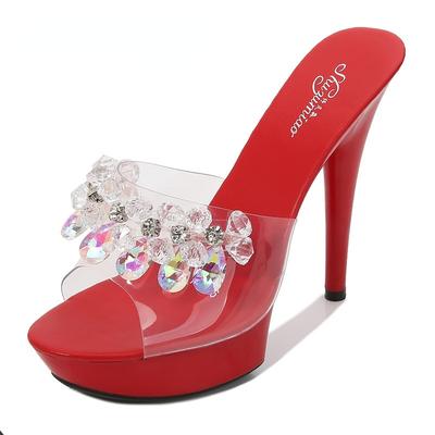 Damenschuhe Neue reine Farbe Sommermode runder Kopf mit roten sexy hochhackigen Sandalen 15 cm Absatz 5 cm Plattform LFD