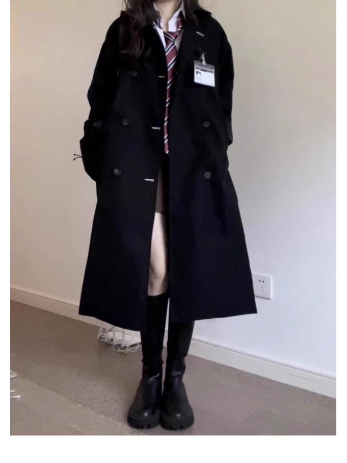 Women's Black Mid-Length Trench Coat - 2023 Spring/Autumn, School Uniform JK Korean Style, Petite Fit.