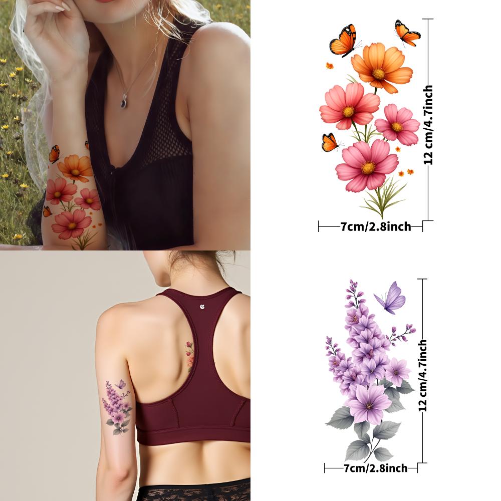 12pcs Temporary Tattoo Floral Designs Temporary Tattoo Stickers Butterflies Colorful For Back Arms Adult