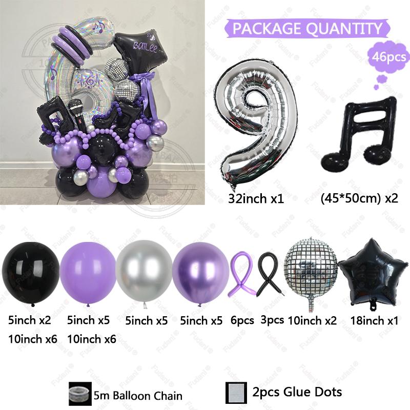 46Pcs Black Purple Music Note Theme Digital Balloon Girl Birthday Party Balloon Set Baby Shower Globos Photography Props