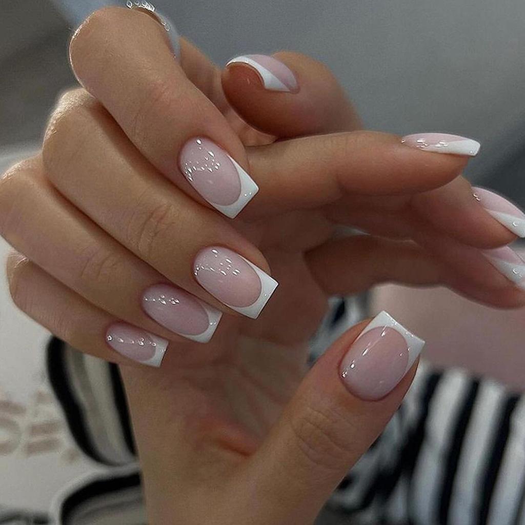 Simple Nude French Manicure False Nails - Short European Shape, Classic White Tips