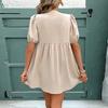 Women Casual Lantern Sleeve Bowknot V Neck Solid Color Knot One Piece Dress