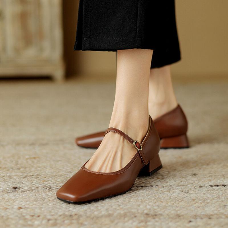 New sheepskin women's shoes low-heeled solid-color leather square heel beef tendon sole large-size shoes cowhide casual square head four-season si