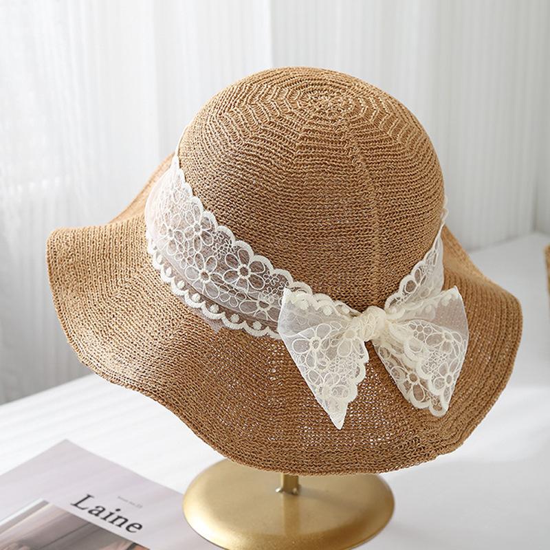 French lace bow streamer bucket hat women's summer outdoor vacation sunshade seaside mountaineering straw hat