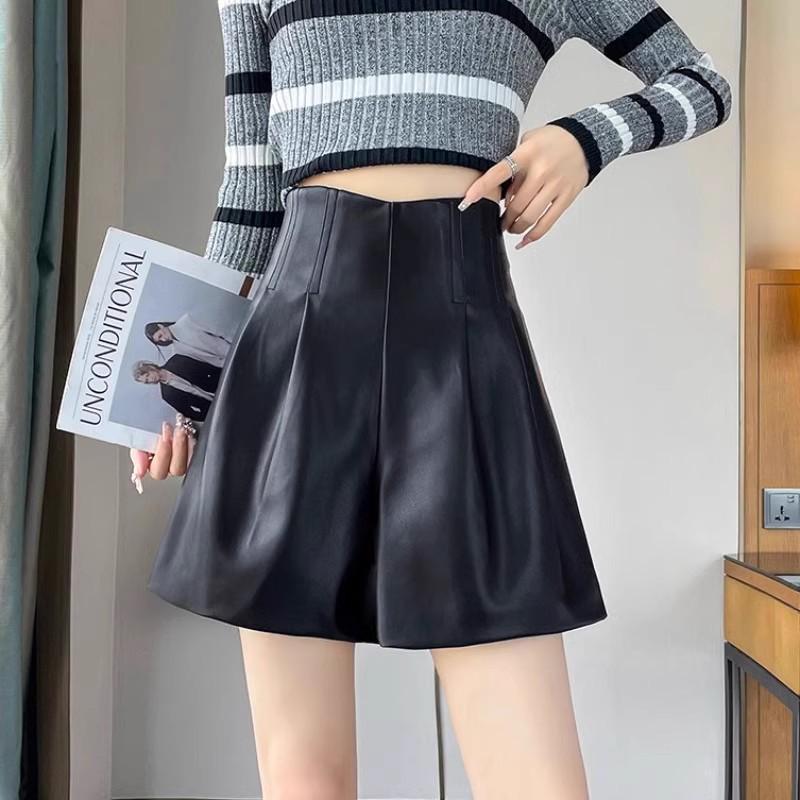 Women's High-Waist Khaki A-Line PU Leather Shorts, Autumn/Winter 2024, Wide-Leg Bootcut Casual Wear
