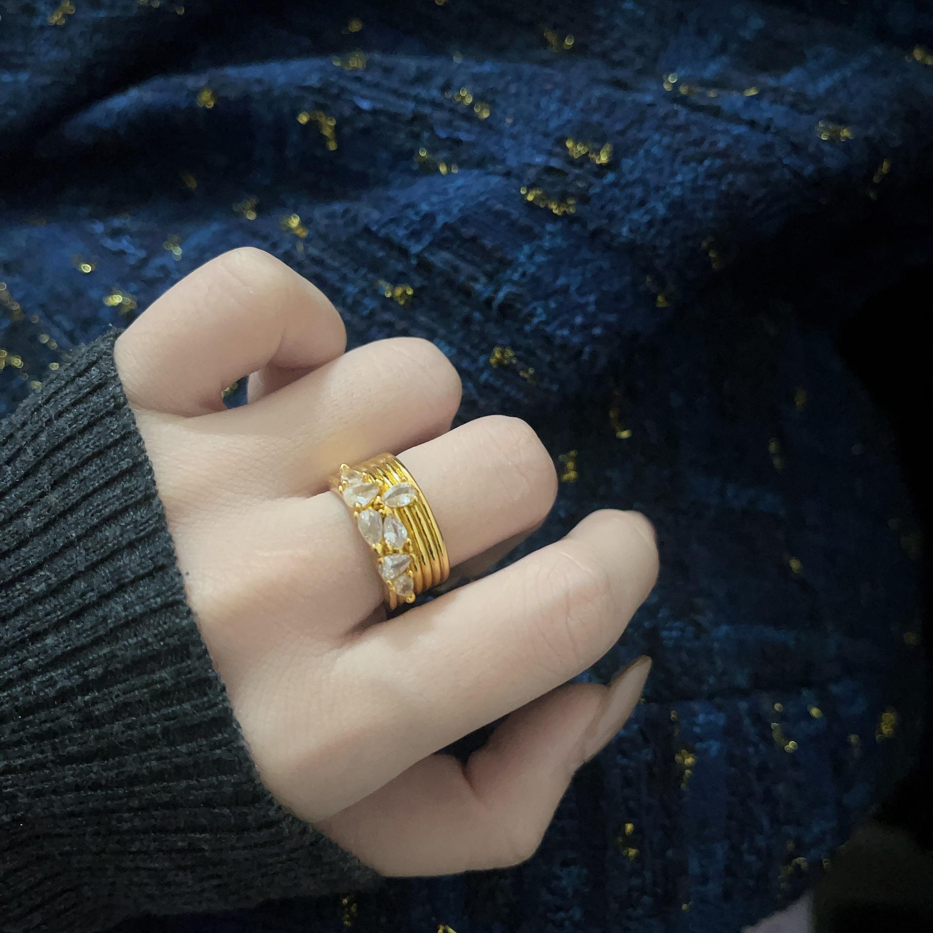 

French Retro Gold-Plated Personalized Creative Diamond Ring, High-End Light Luxury Exquisite Ring Jewelry Opening adjustable