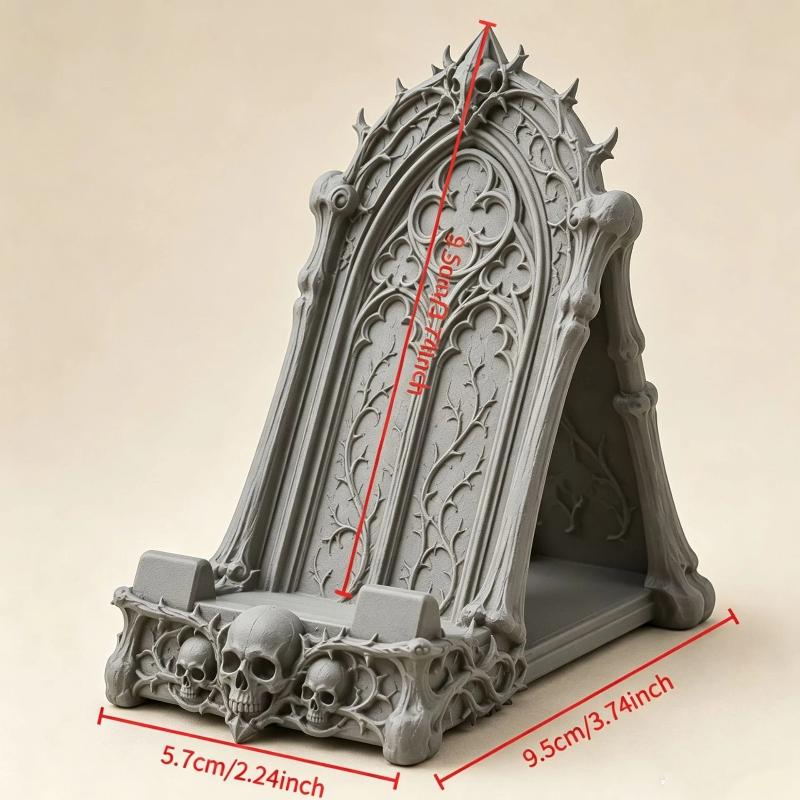 Gothic Skull Phone Stand, Dark Gothic-Style Desktop Phone Holder, Featuring Details Of Skulls And Thorns, Decorative Phone Stand