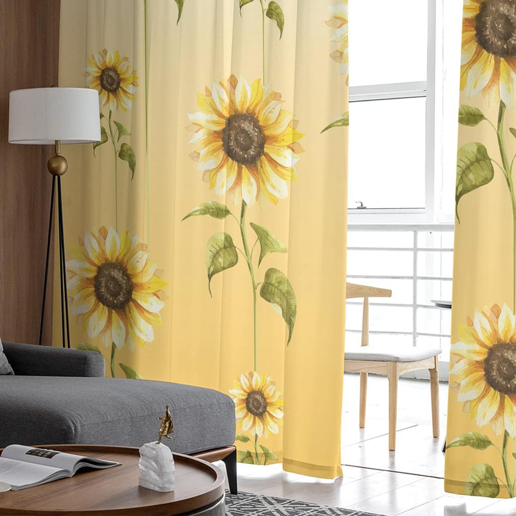 Sunflower Curtains Panels Set Yellow Kitchen Curtain Drapes Privacy Voile Living Room Bedroom Summer Sheer Polyester With Rod Pocket Sitting Decor