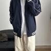 Women's Spring 2025 Retro Dark Blue Baseball Jacket with Stand-up Collar