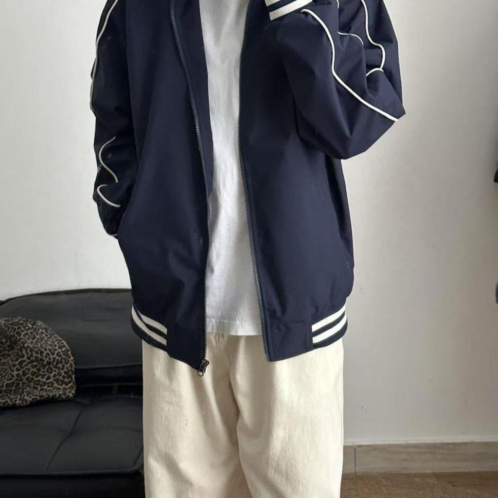 Women's Spring 2025 Retro Dark Blue Baseball Jacket with Stand-up Collar