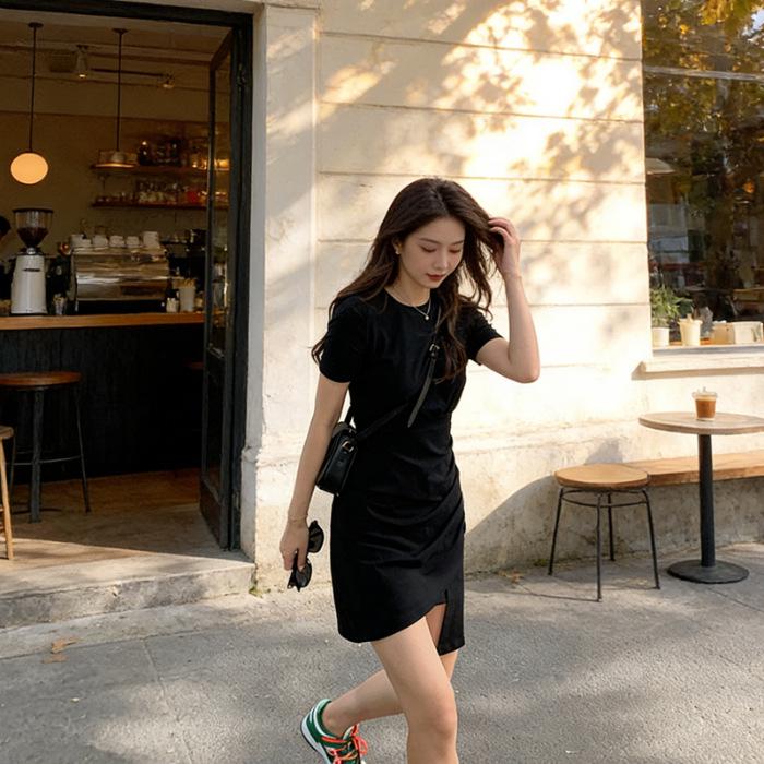 French First Love: Chic & Sweet Summer Skirt, Black Waist-Cinched Slimming Dress, Petite Small