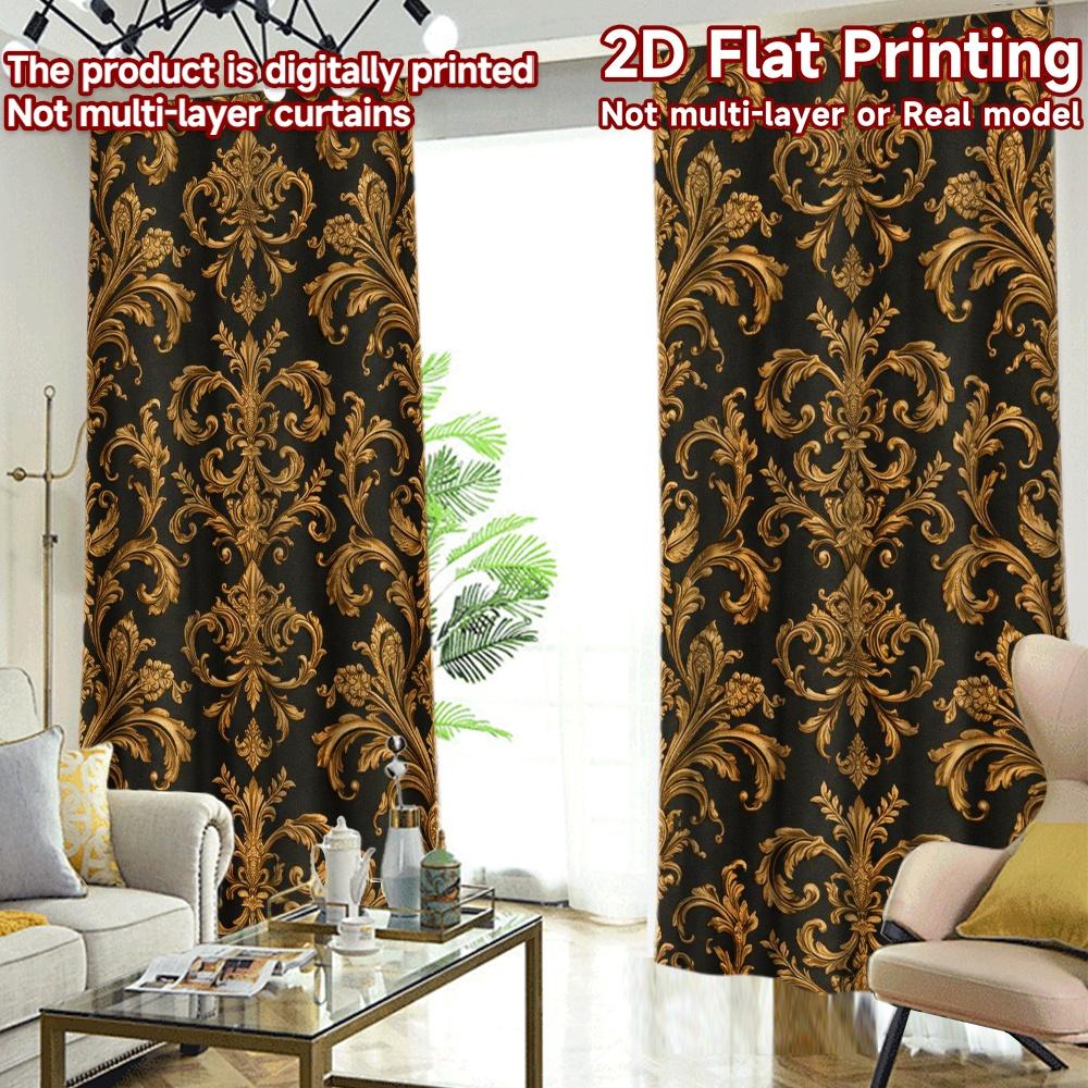 2D FLAT PRINTING 2pcs Curtains (Without Rod) Golden Ornate Design Fashionable Chic Curtains Machine Washable Fabric Curtains